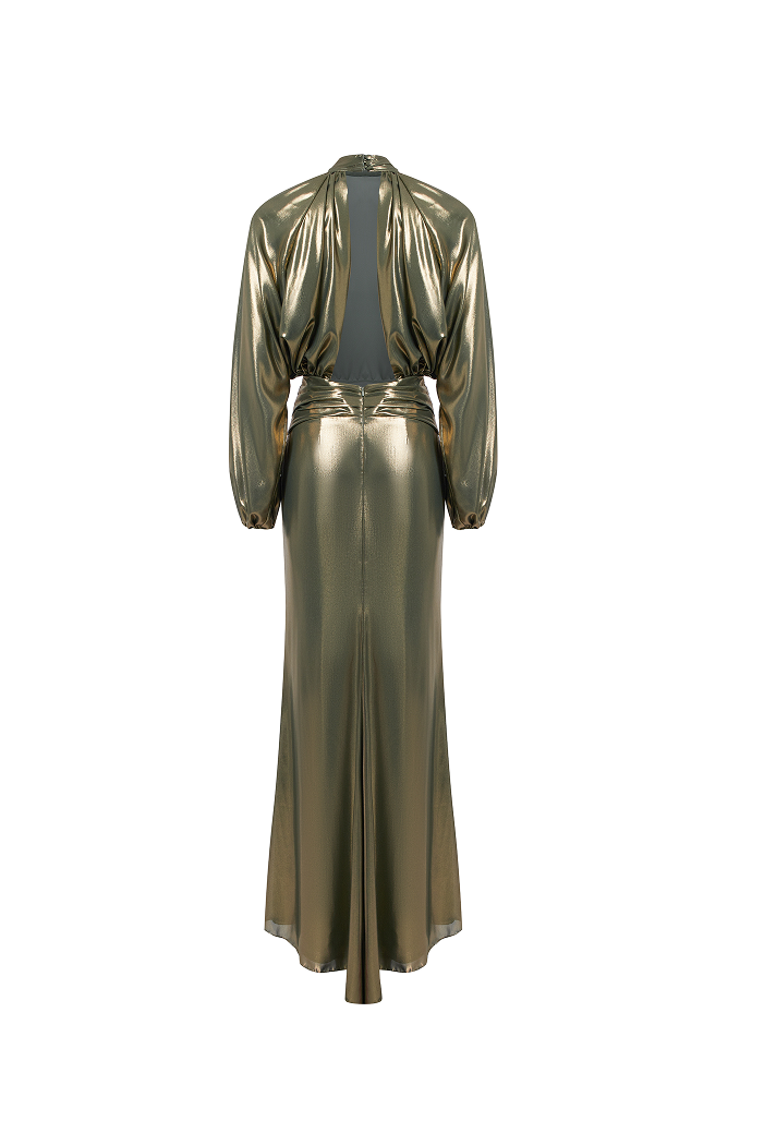 Draped chiffon maxi dress with voluminous shoulders and an open back