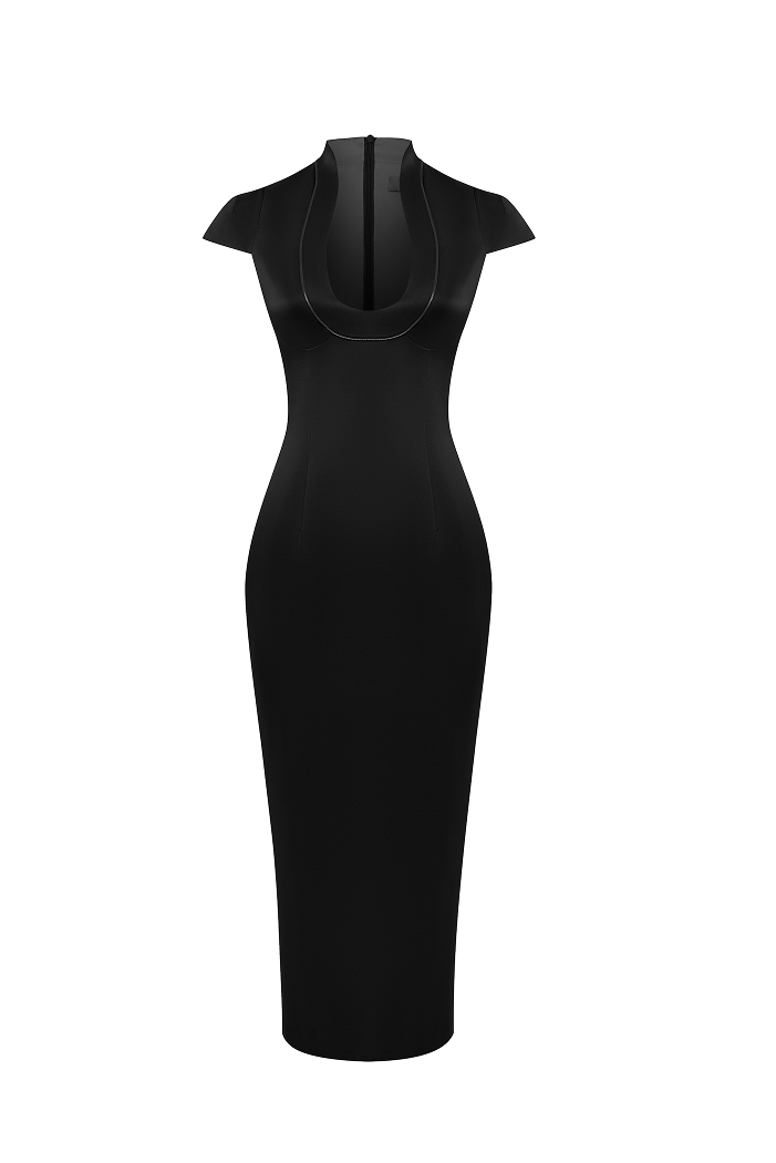 Satin midi dress with piping trim
