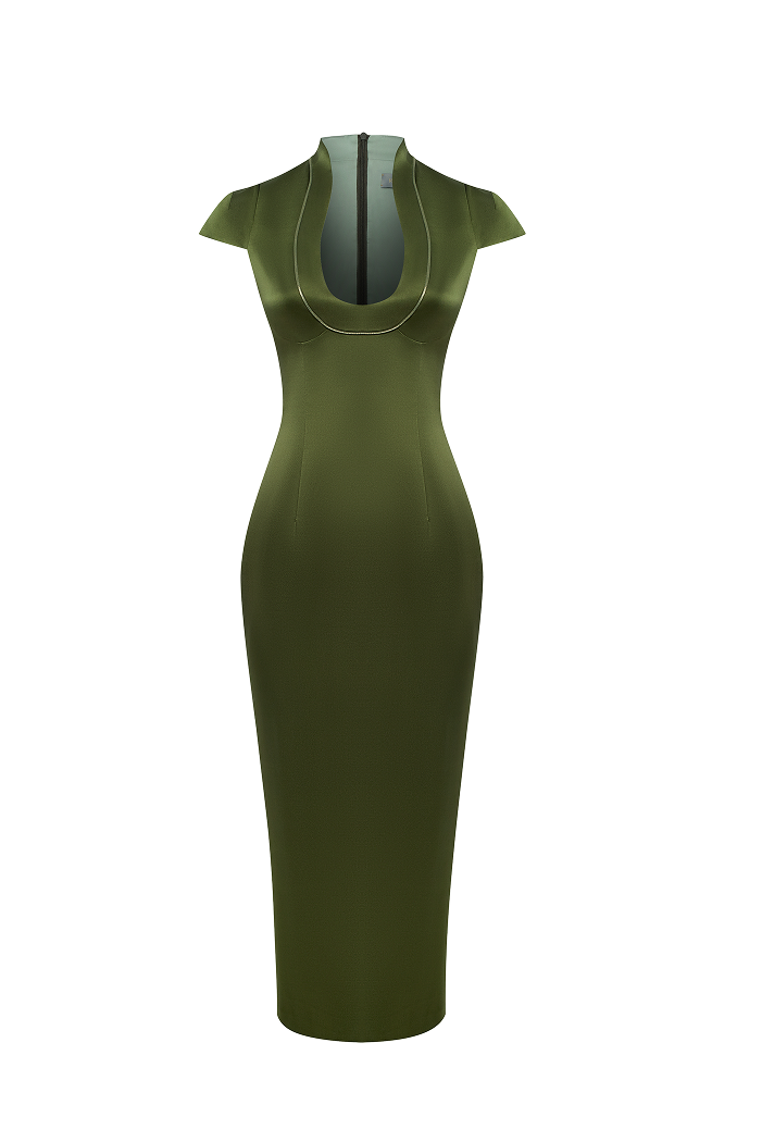 Satin midi dress with piping trim