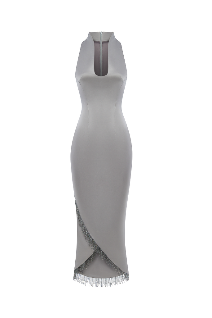 Satin midi dress with fringe trim grey 124DD020 – RASARIO Satin midi dress with fringe trim grey 124DD020 – RASARIO