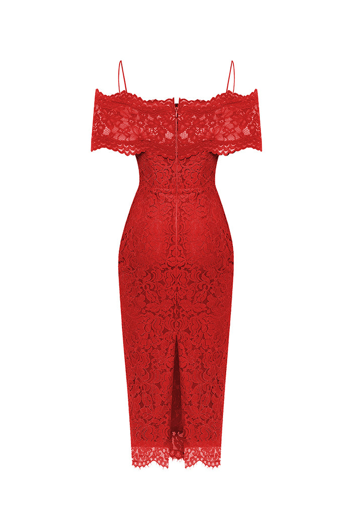 Lace Midi Dress with A Flower 40 (FR) / Red Lace Midi Dress with A Flower 40 (FR) / Red
