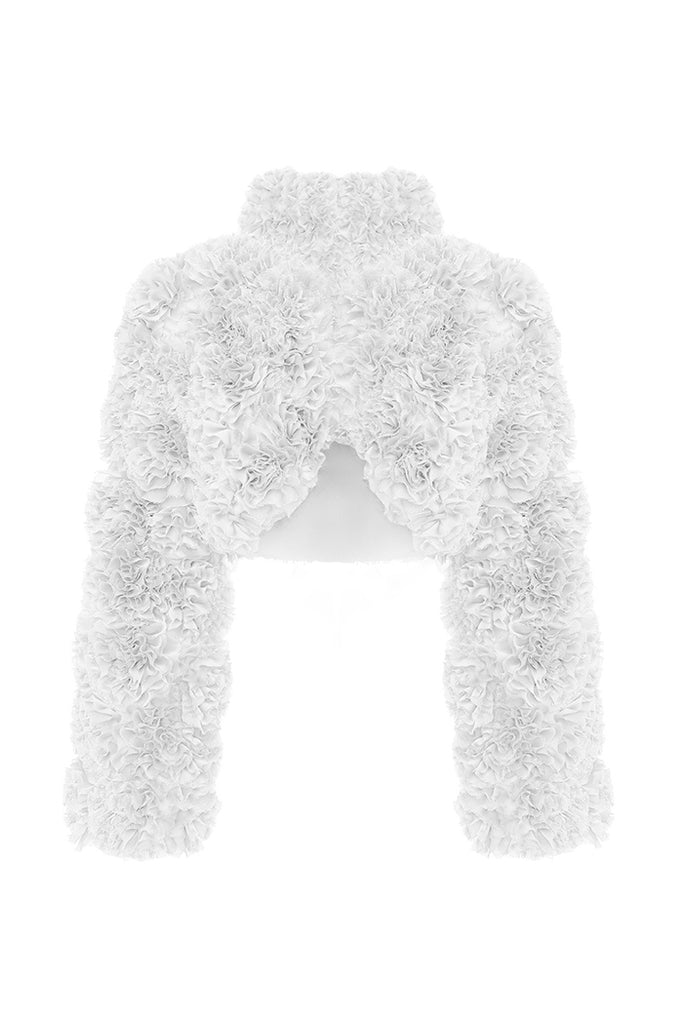 Cropped chiffon jacket with ruffles white BZ002 – RASARIO