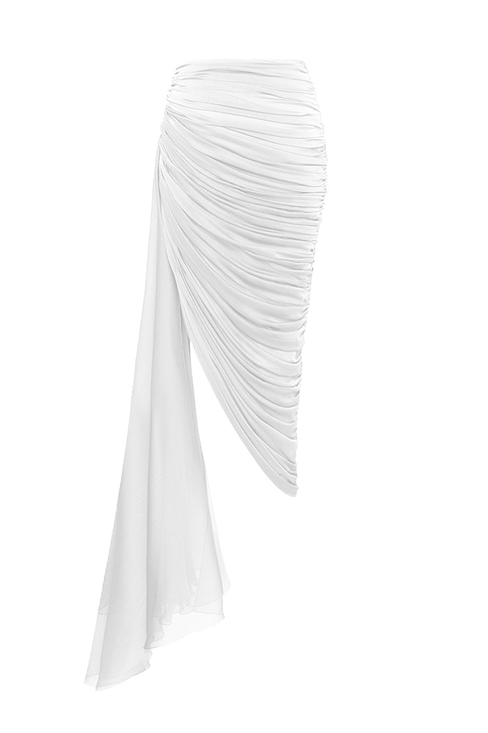 Draped chiffon midi skirt with a side train