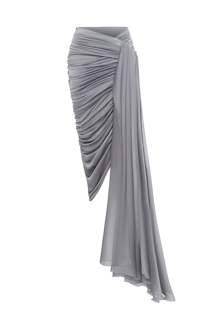 Draped chiffon midi skirt with a side train