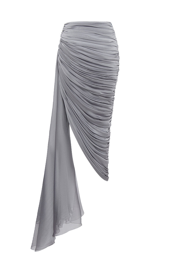 Draped chiffon midi skirt with a side train grey 015SG020