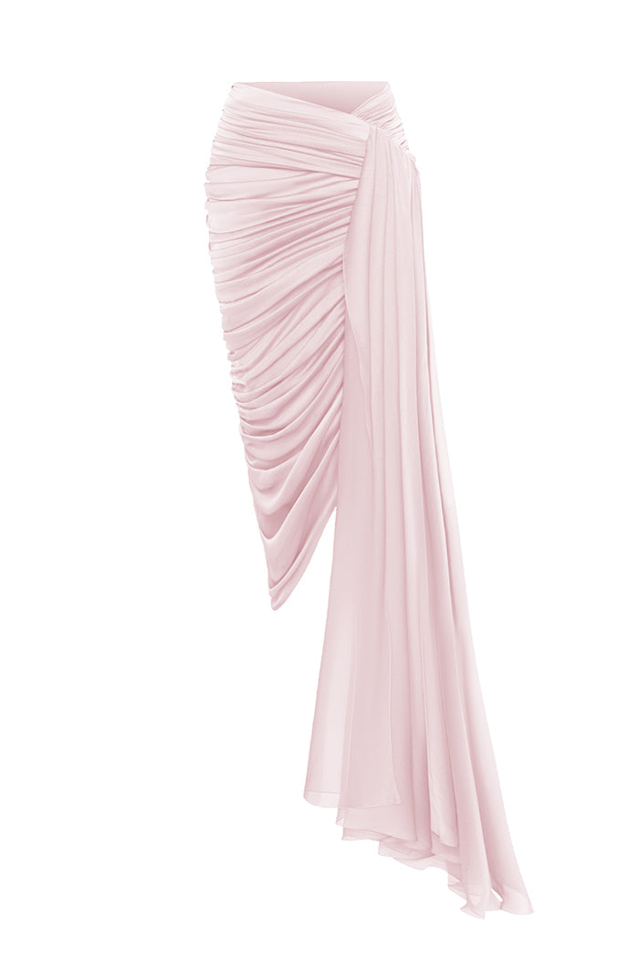 Draped chiffon midi skirt with a side train