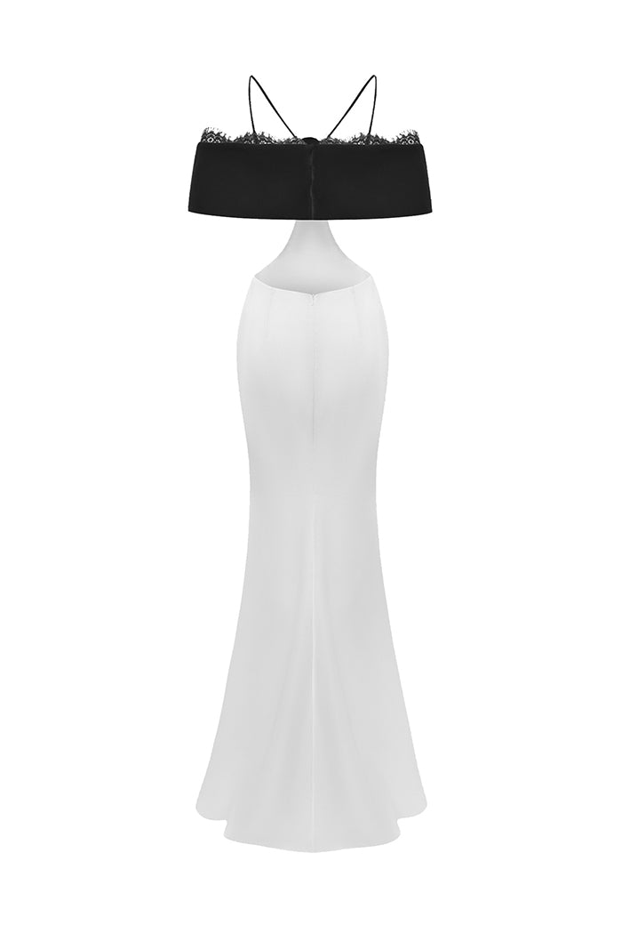 Satin and velvet maxi dress with a flower - 34 (FR) / White/black Satin and velvet maxi dress with a flower - 34 (FR) / White/black