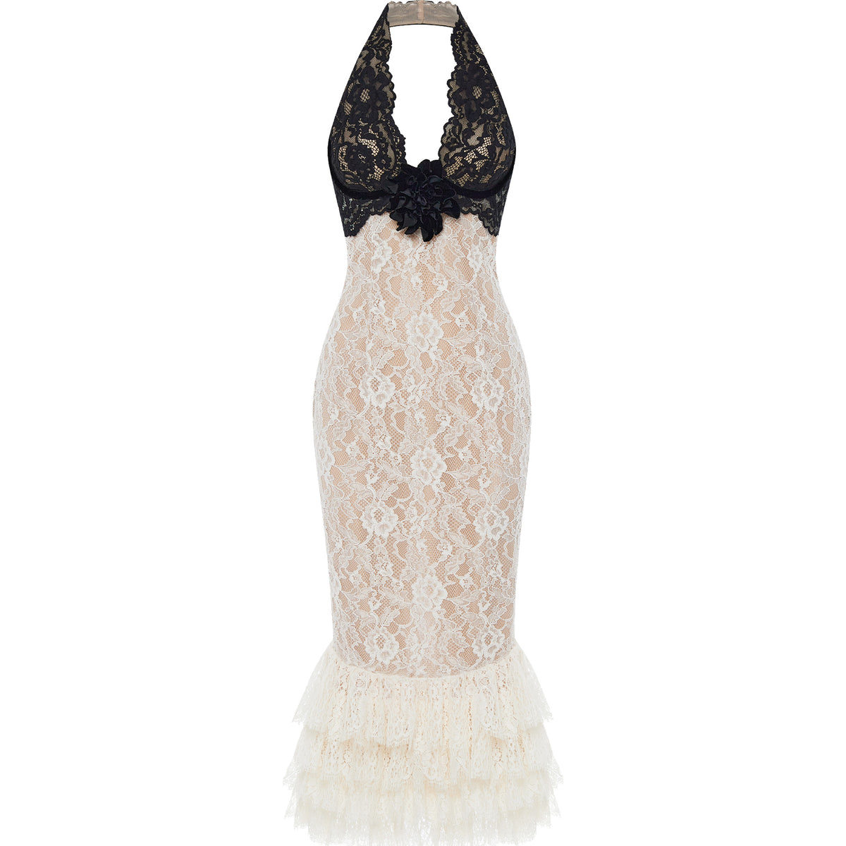 Lace Midi Dress with A Flower 44 (FR) / White/Black