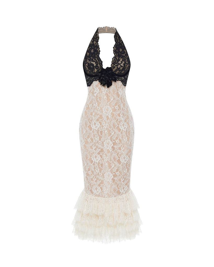 Lace Midi Dress with A Flower 44 (FR) / White/Black