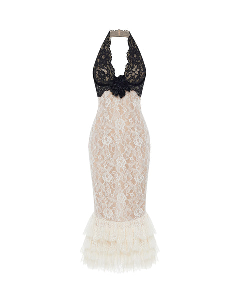 Lace midi dress with a flower 44 (FR) / White/black