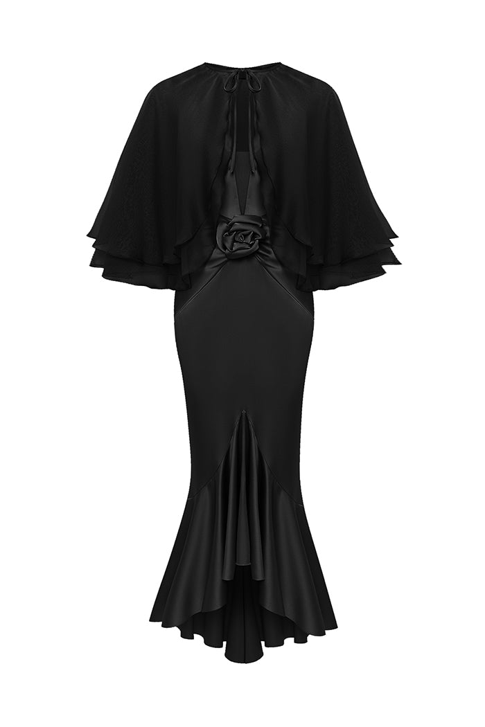 Satin midi dress with a flower and cropped cape