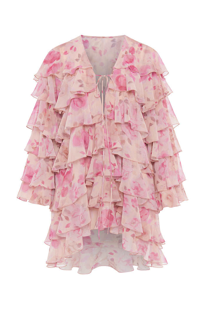 Printed chiffon mini dress with flounces powder DN010 – RASARIO