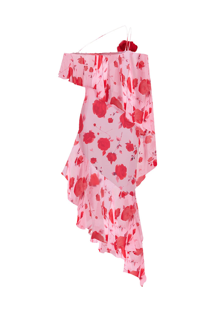 Asymmetrical printed chiffon midi dress with flounces