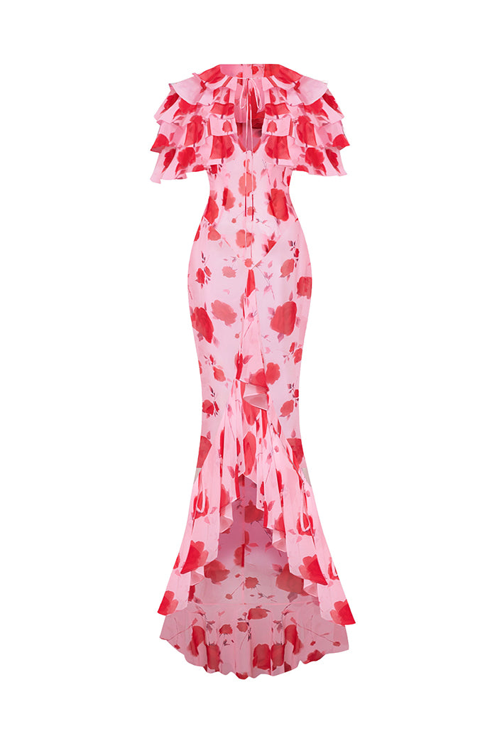 Printed chiffon maxi dress with ruffles and flounces