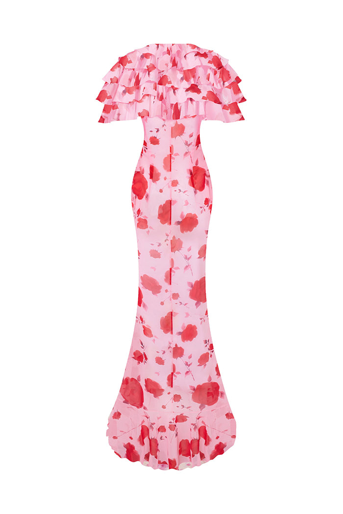 Printed chiffon maxi dress with ruffles and flounces pink