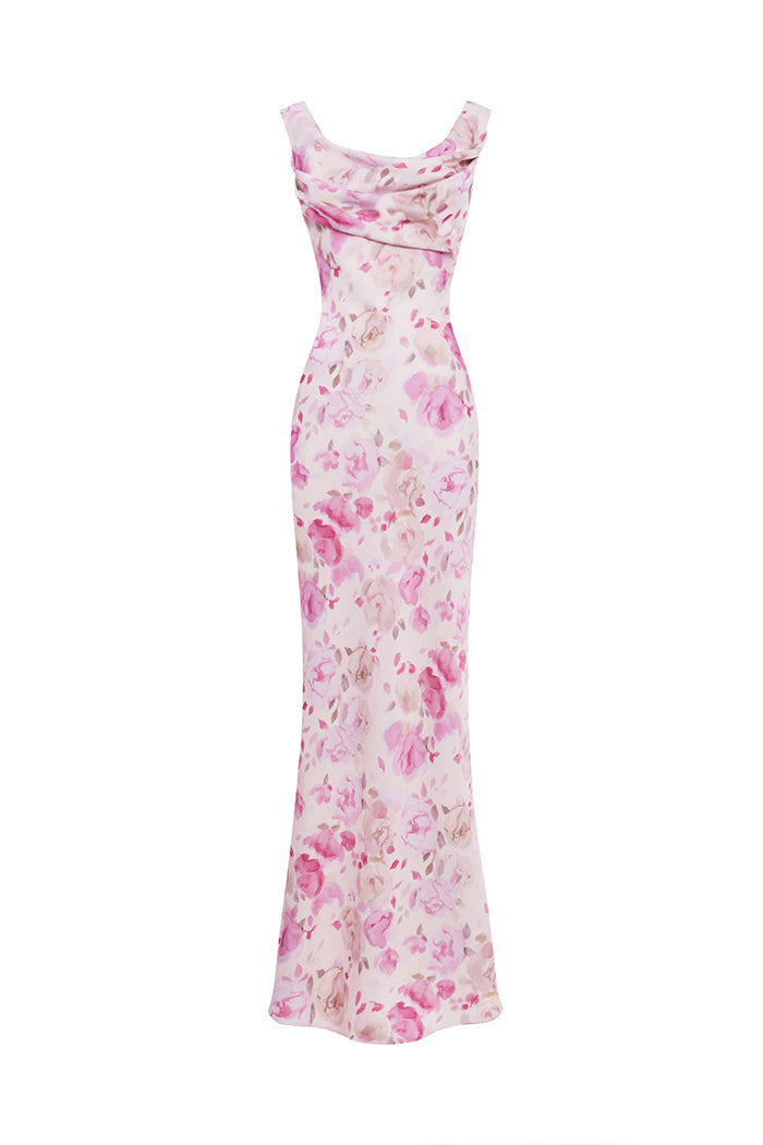 Printed satin draped maxi dress