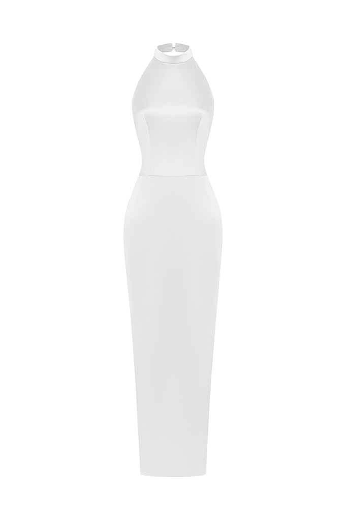 Satin maxi dress with a side slit white DX002 – RASARIO