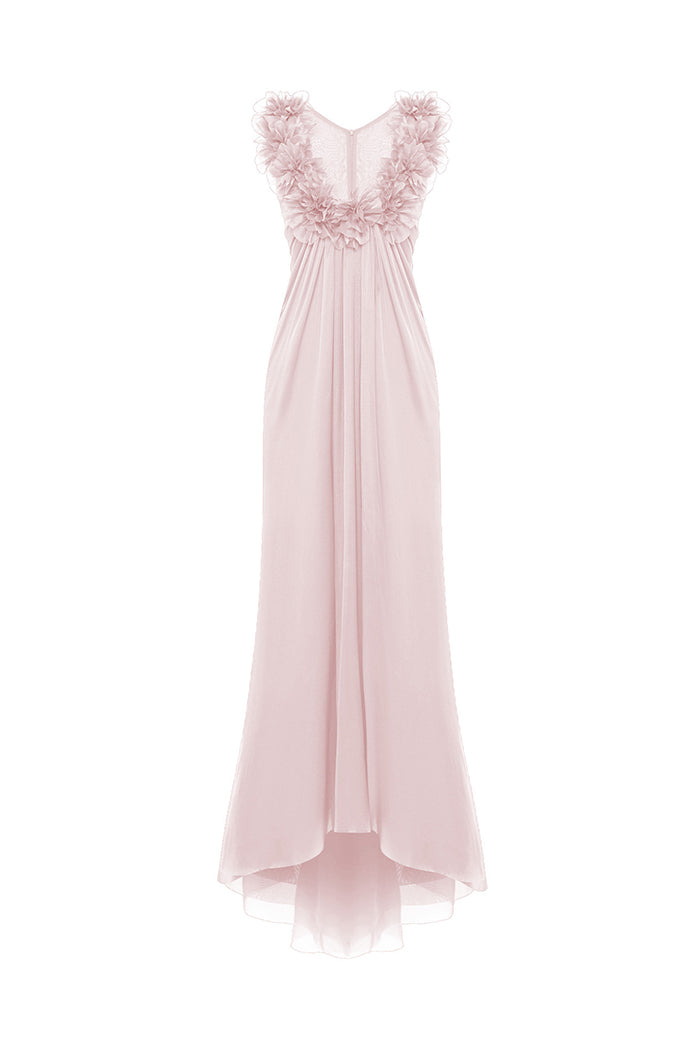 Draped silk chiffon dress with flowers and train