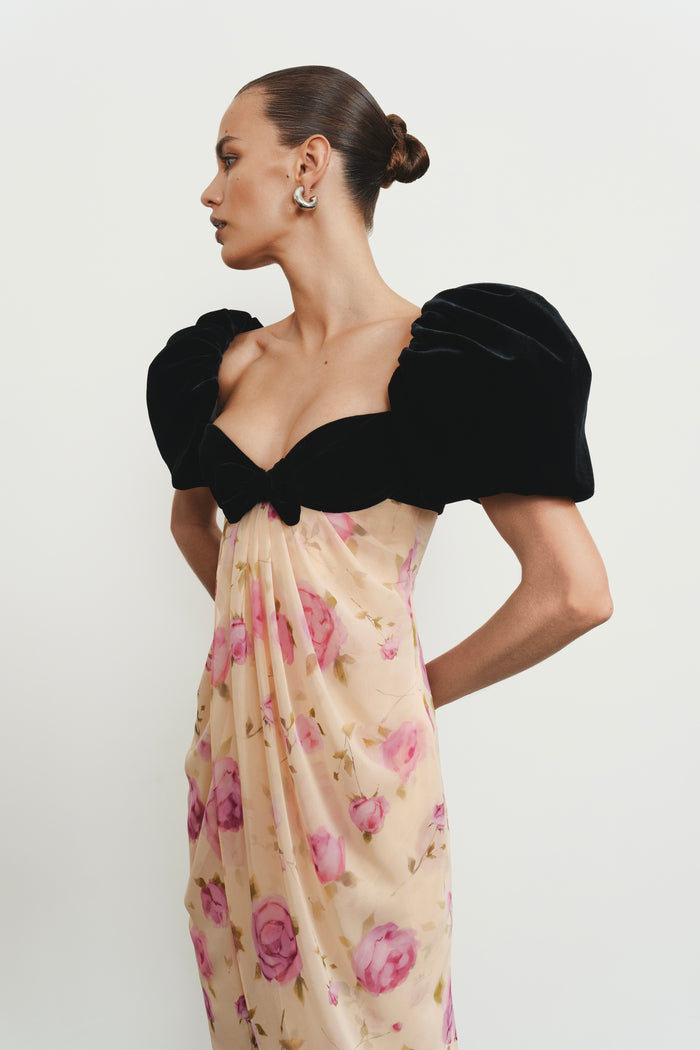 Printed chiffon midi dress with puff sleeves yellow/black 089DD051