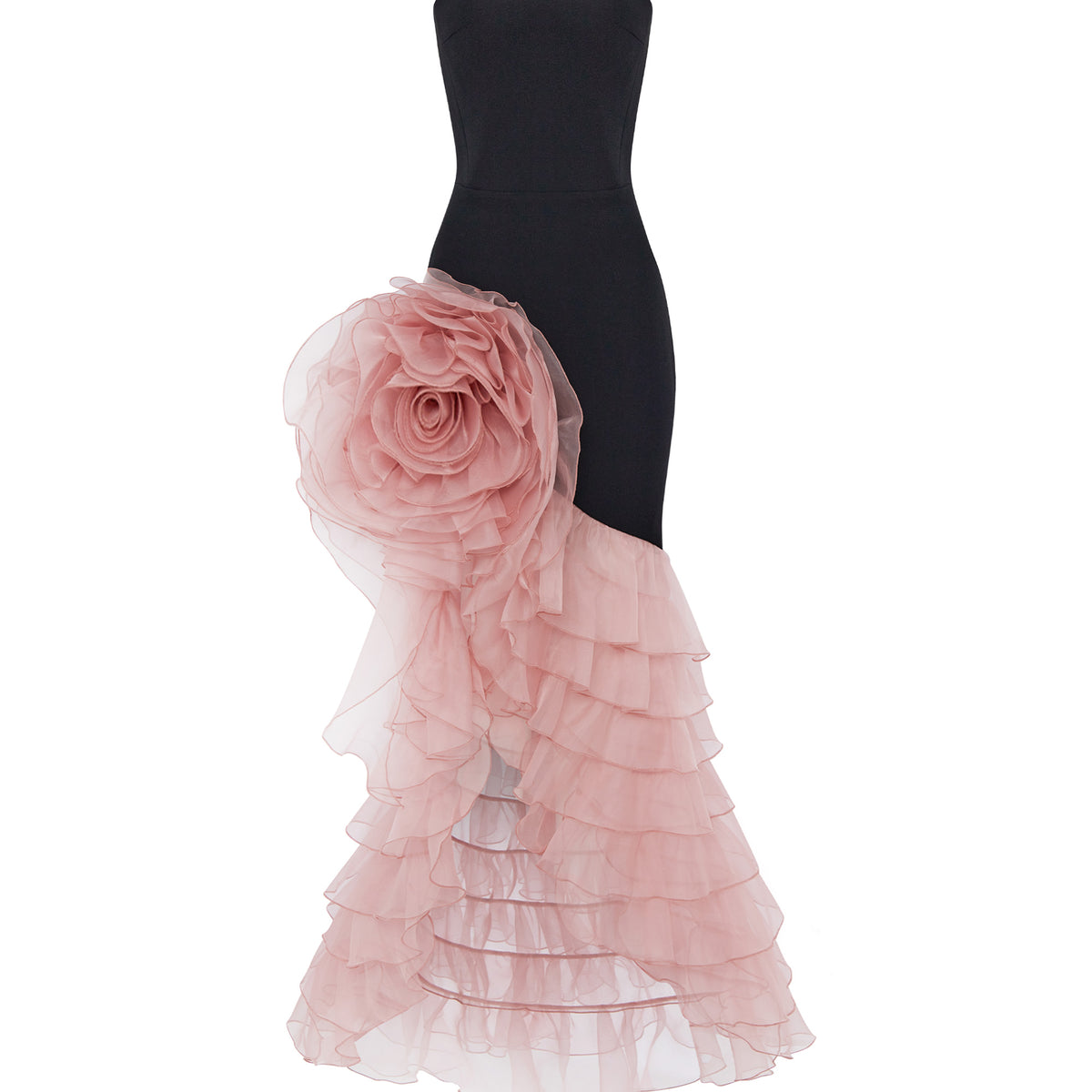 Crepe and chiffon maxi dress with a voluminous flower 46 (FR) / Black/Pink