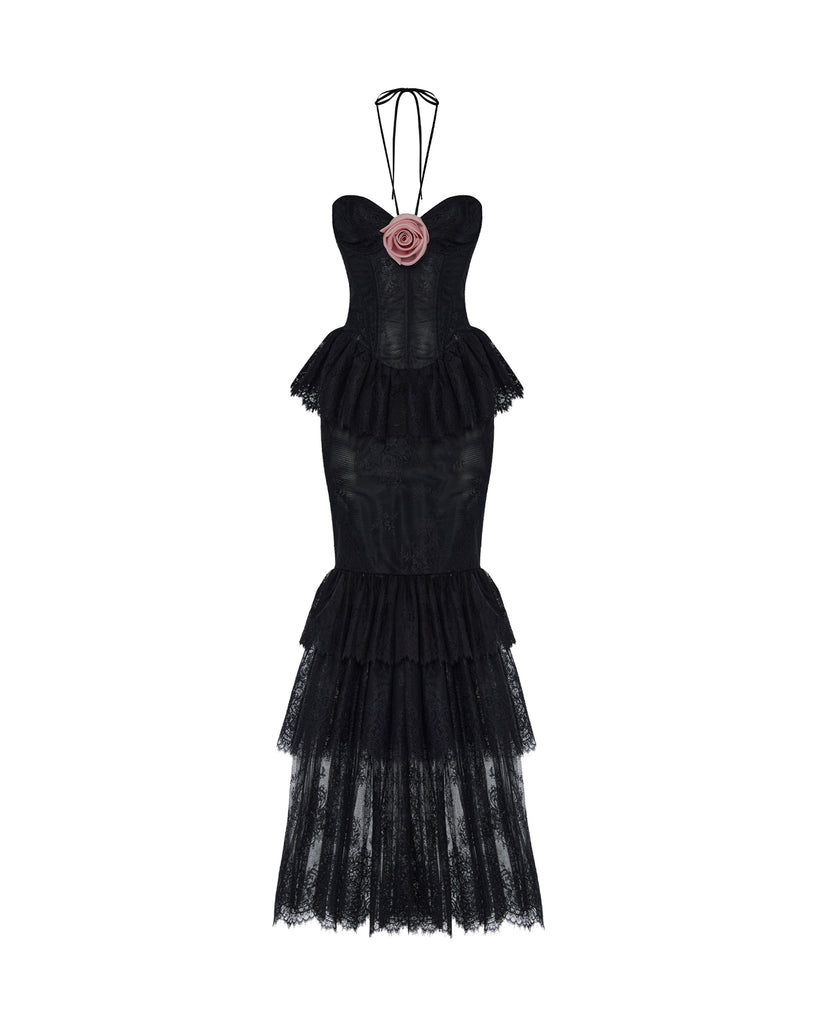 Lace maxi dress with a chiffon flower black DX001 – RASARIO