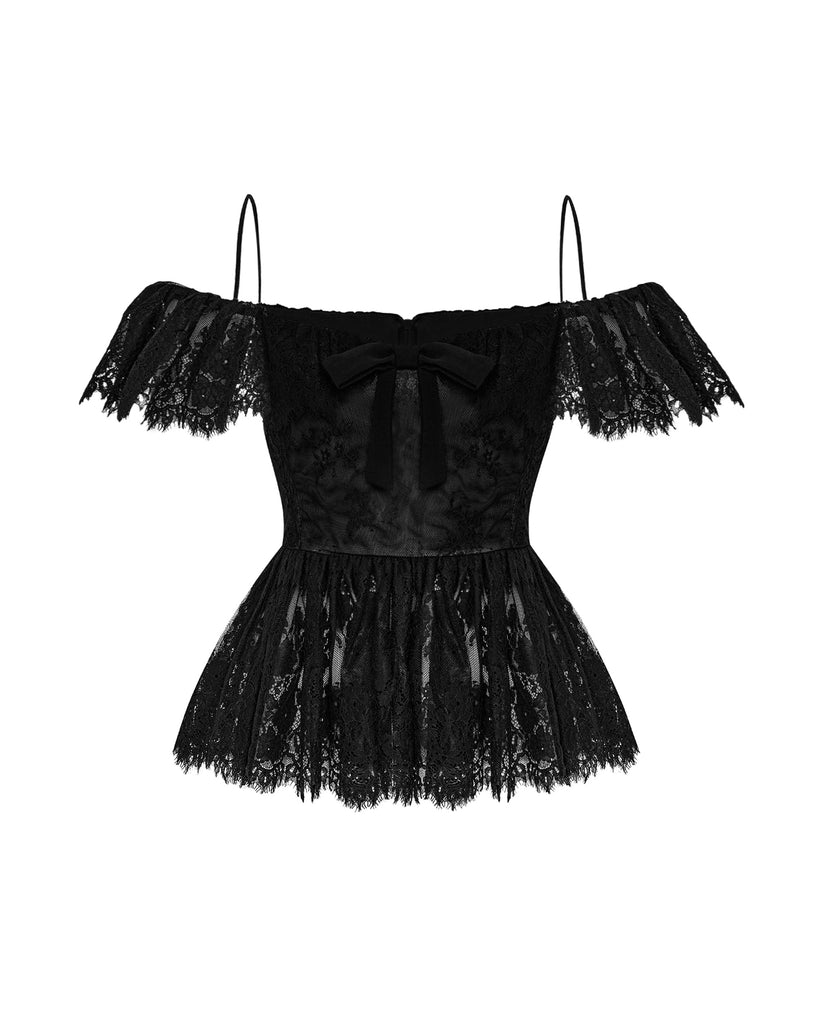 ジプソフィア Lace Frill Pocket Tee Black×Black Frill sleeve high neck t-shirt - Black – Fairliar USA
