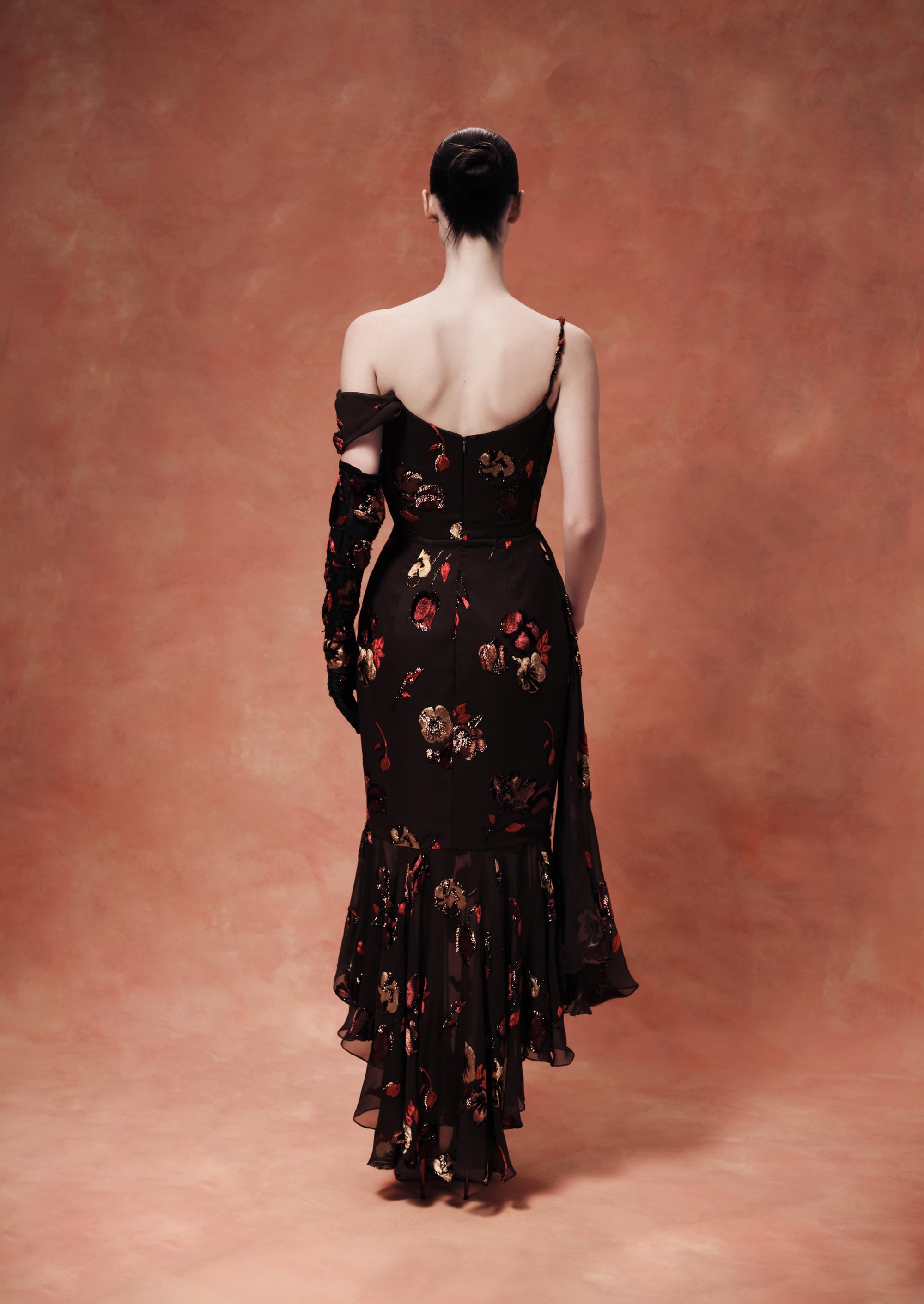Midi corset dress made of panne velvet with an asymmetrical bodice