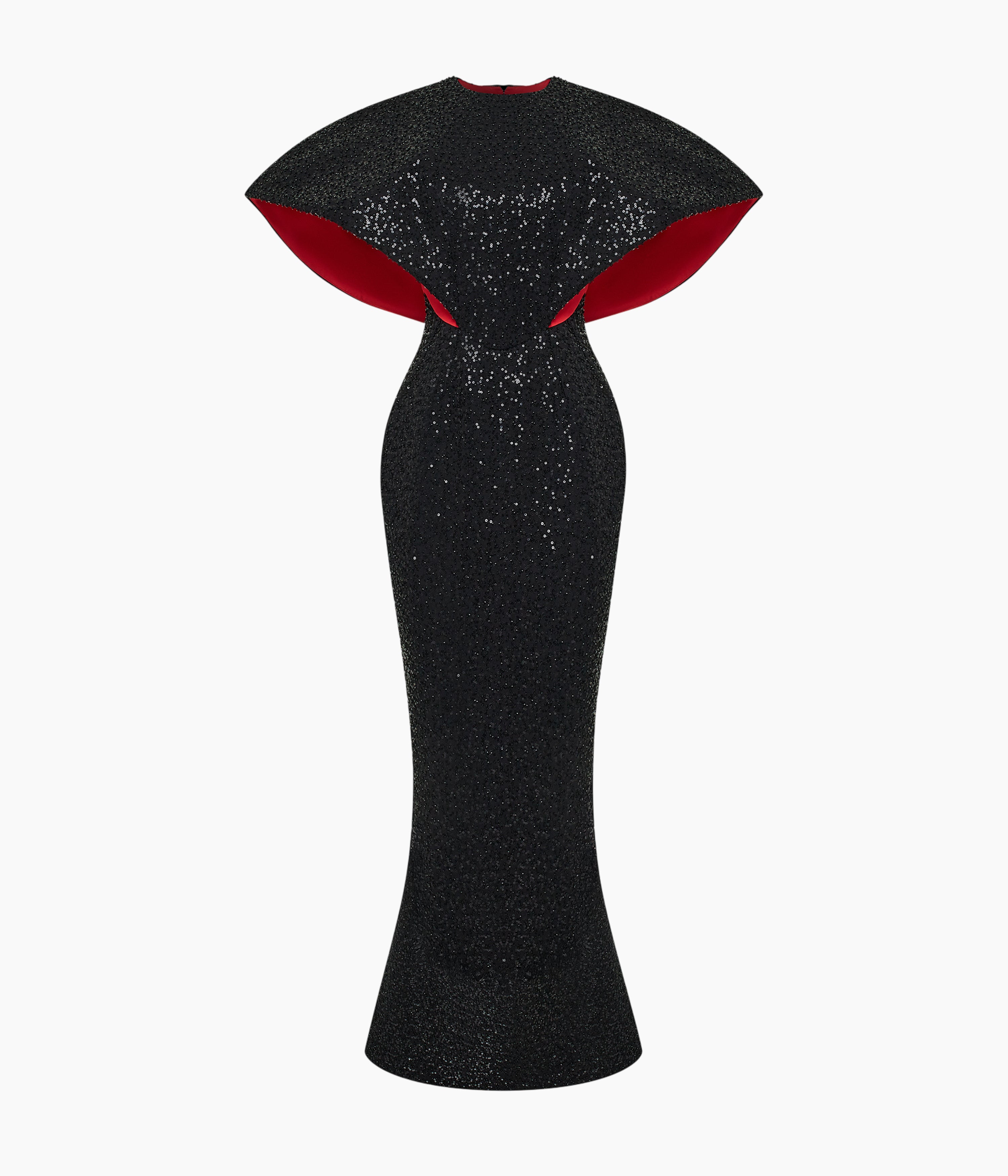 Sequin-Embellished Maxi Gown with Sculptural Contrast-Lined Sleeves