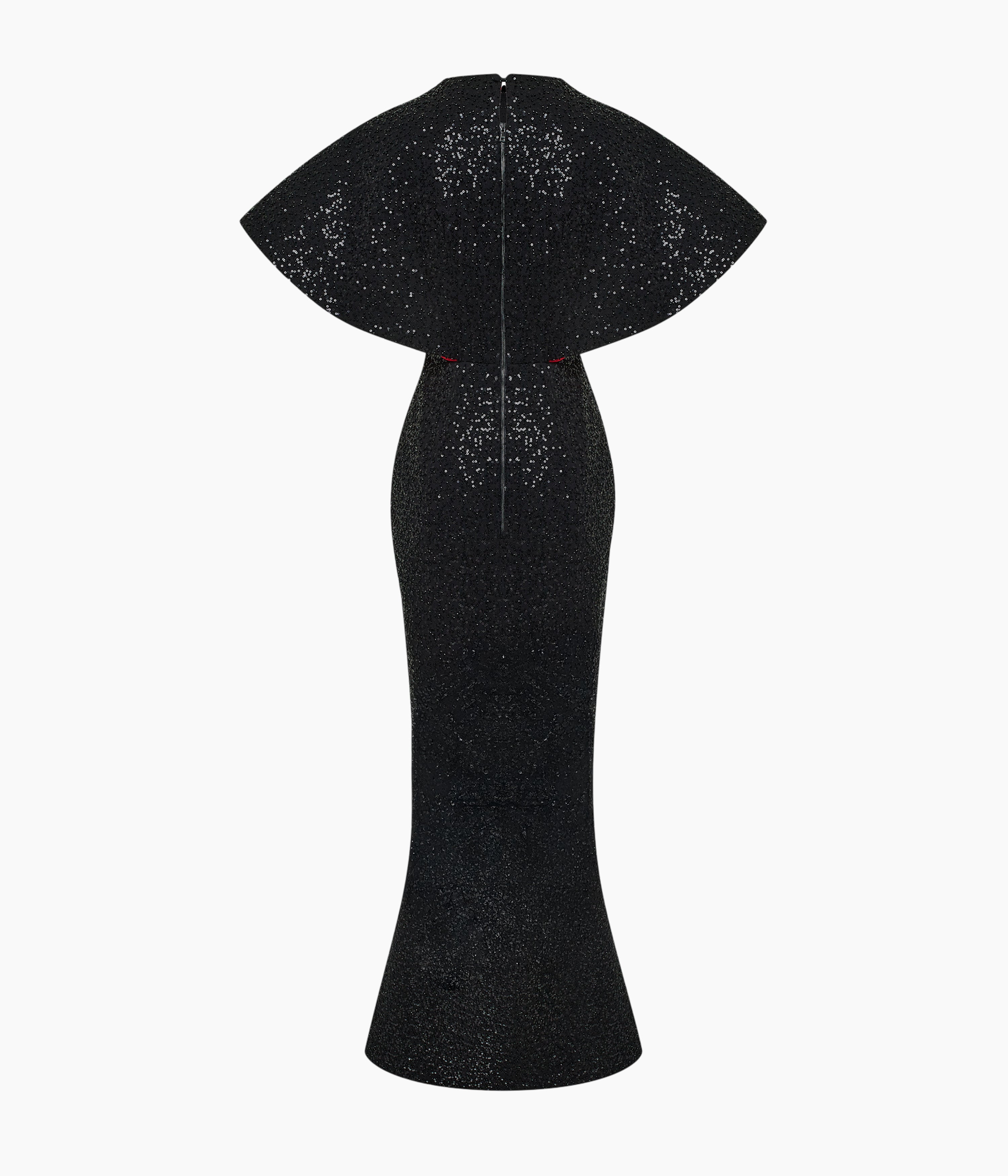 Sequin-Embellished Maxi Gown with Sculptural Contrast-Lined Sleeves