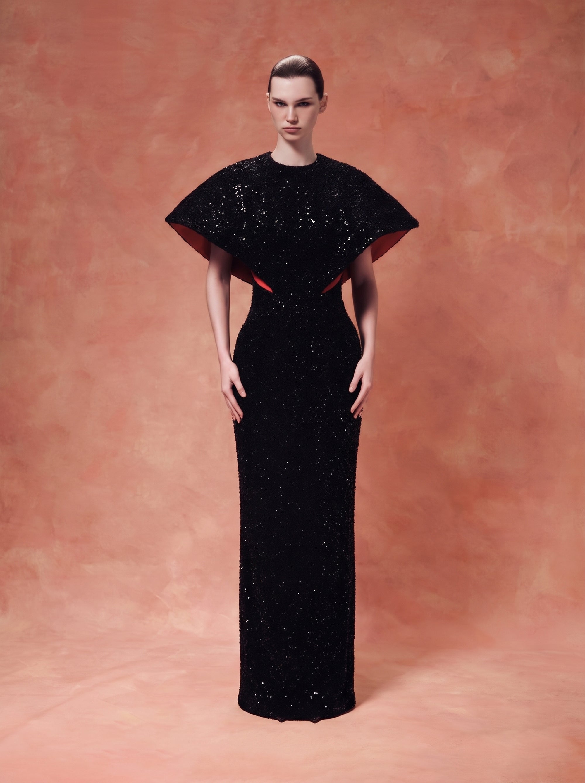 Sequin-Embellished Maxi Gown with Sculptural Contrast-Lined Sleeves