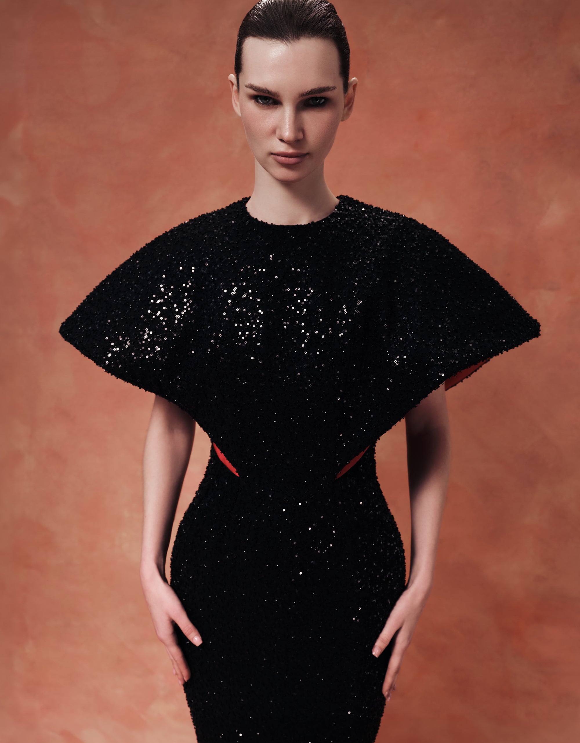 Sequin-Embellished Maxi Gown with Sculptural Contrast-Lined Sleeves