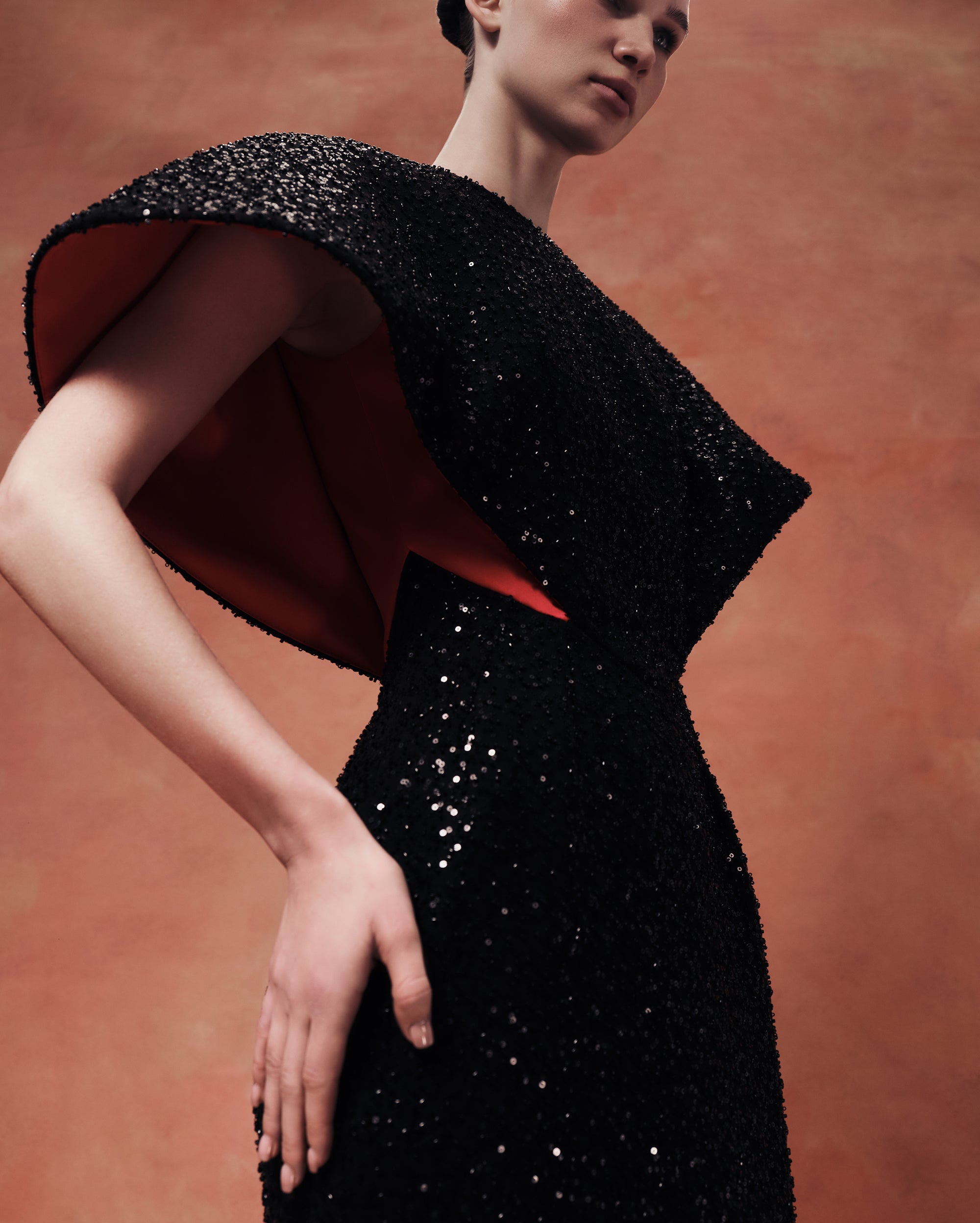 Sequin-Embellished Maxi Gown with Sculptural Contrast-Lined Sleeves
