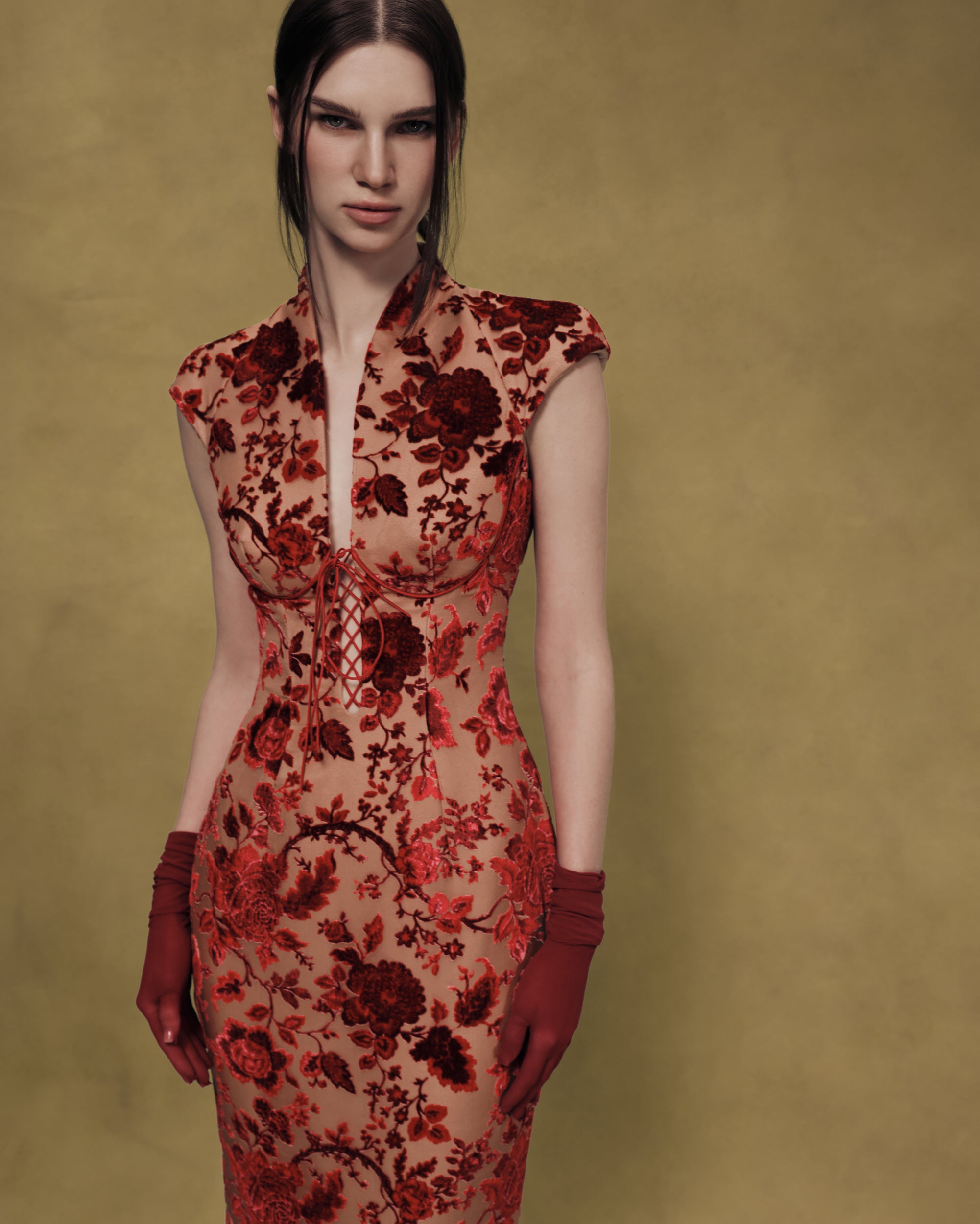Devoré Velvet Midi Dress with Lacing