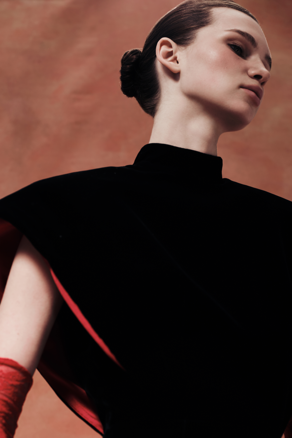 Velvet maxi dress with sculptural sleeves and teardrop back