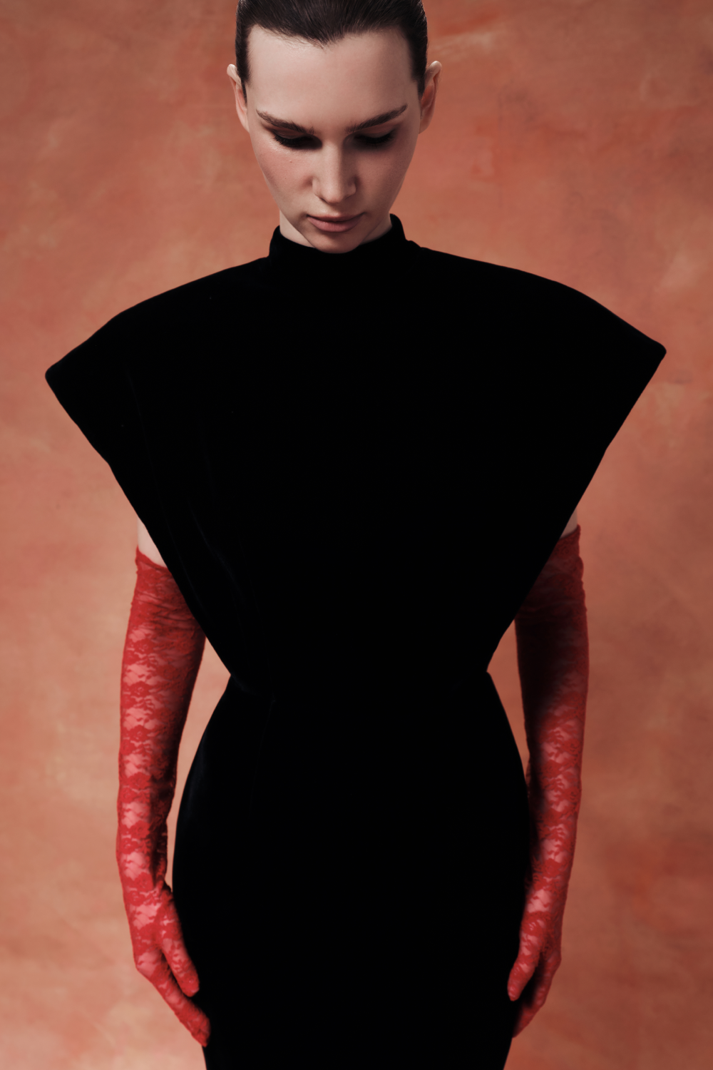 Velvet maxi dress with sculptural sleeves and teardrop back
