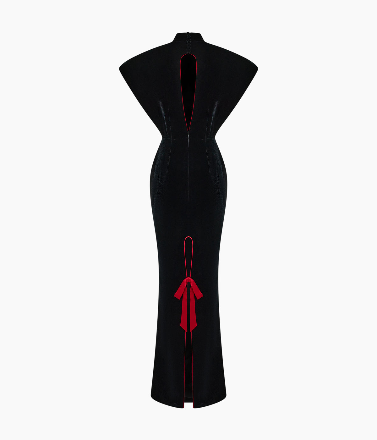 Velvet maxi dress with sculptural sleeves and teardrop back