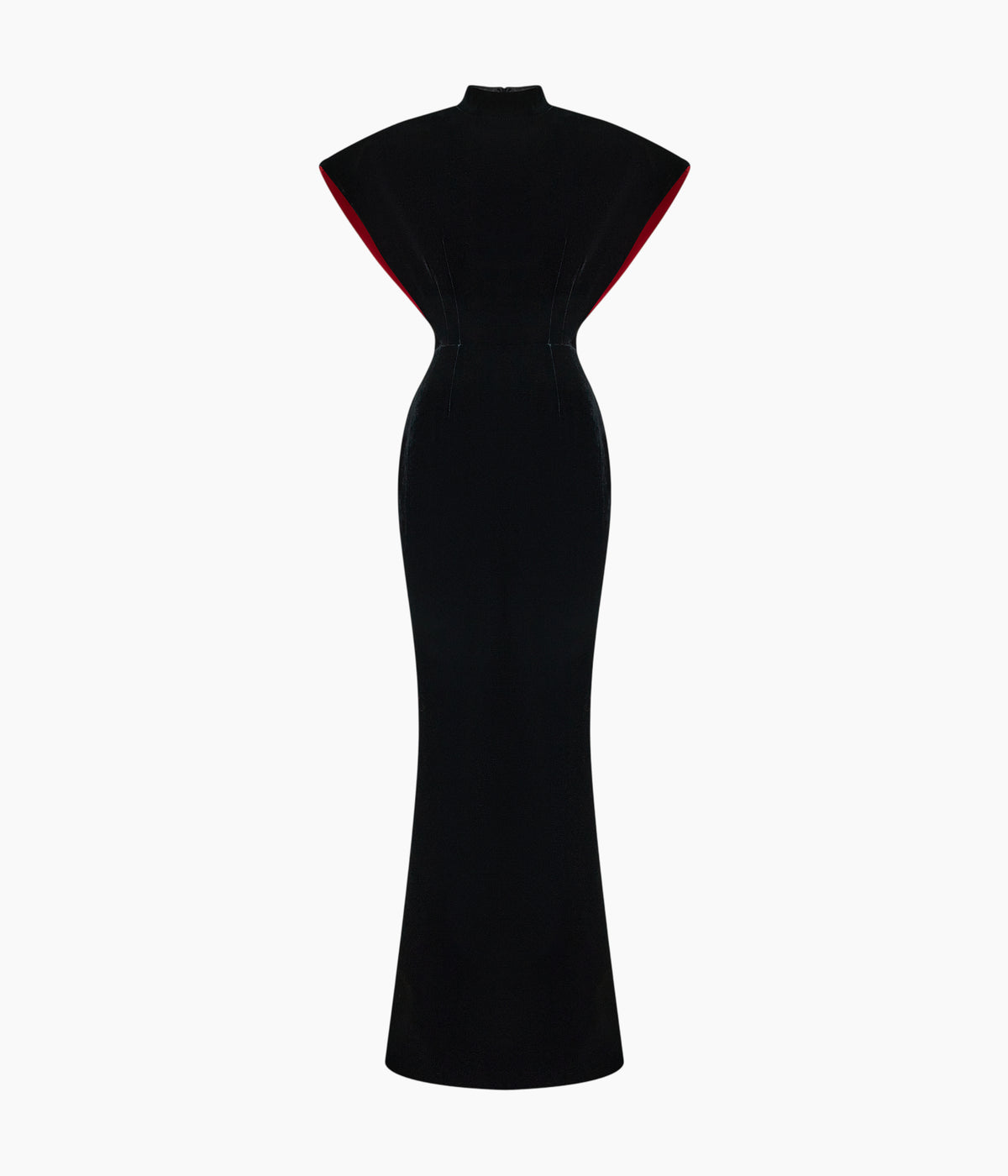 Velvet maxi dress with sculptural sleeves and teardrop back