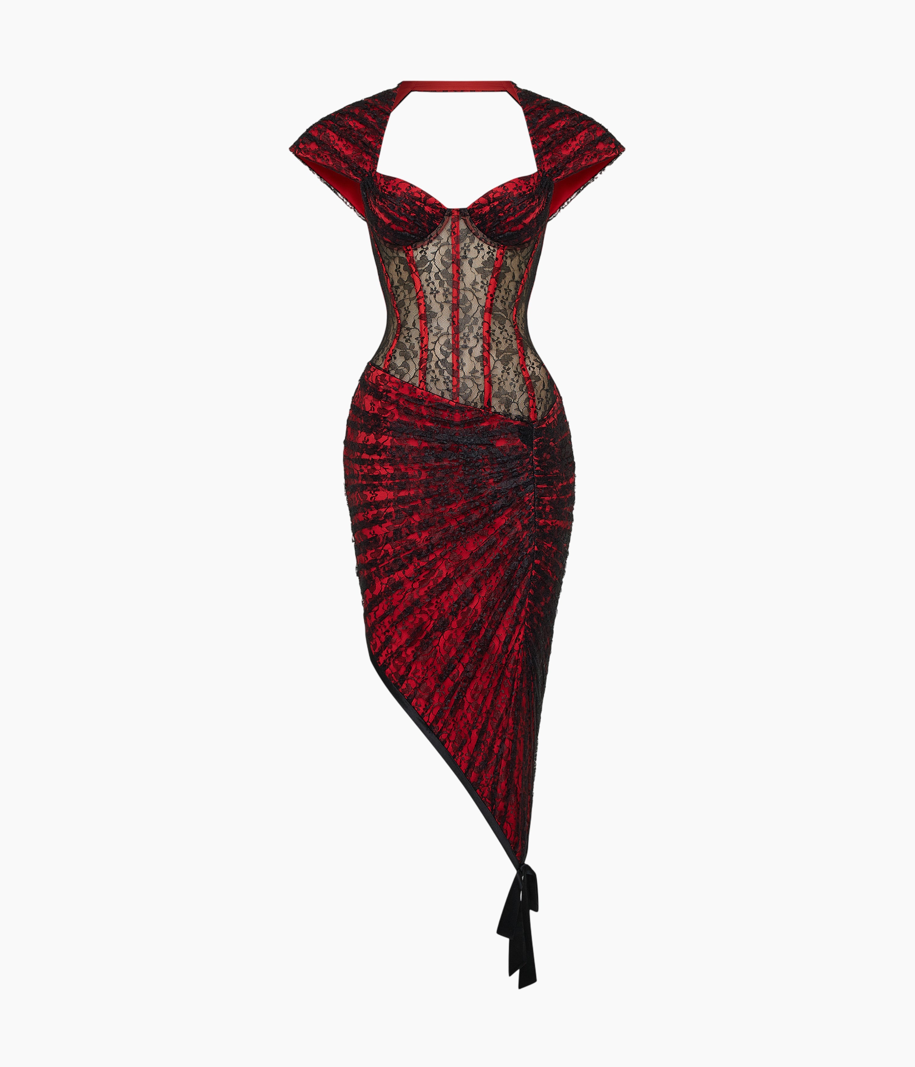 Lace midi dress with a shaped neckline