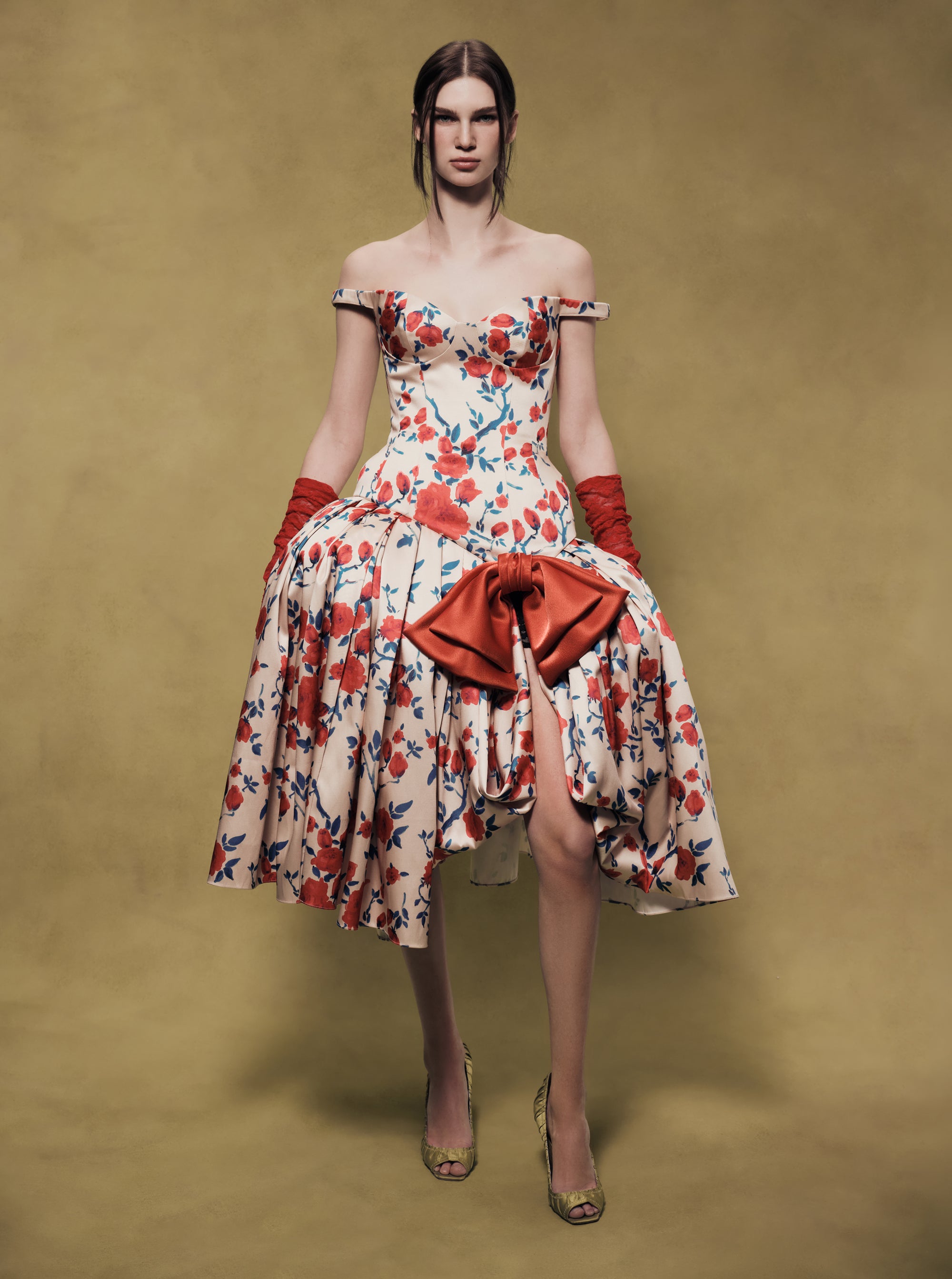 Floral Satin Midi Dress with Sculptural Bow