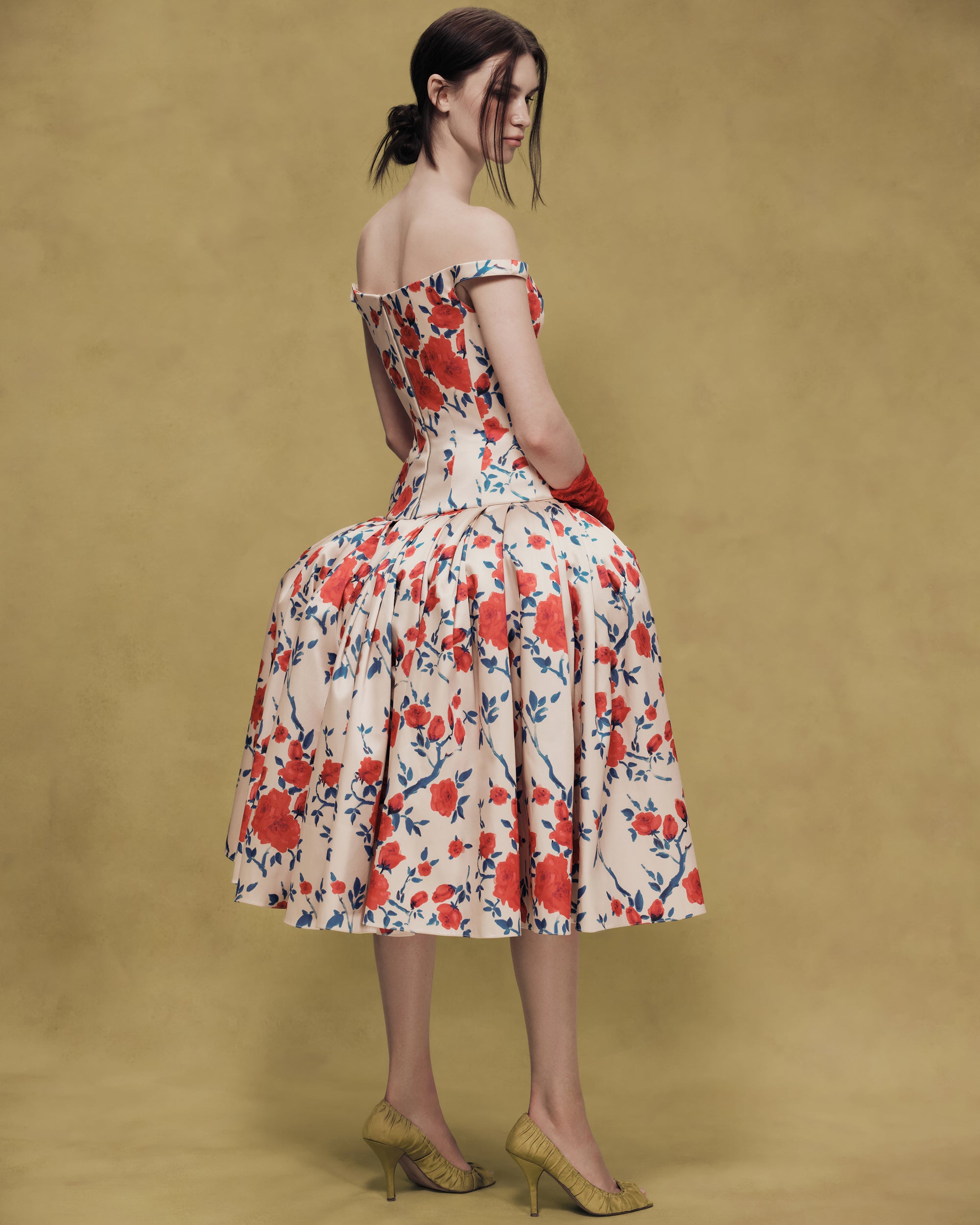 Floral Satin Midi Dress with Sculptural Bow
