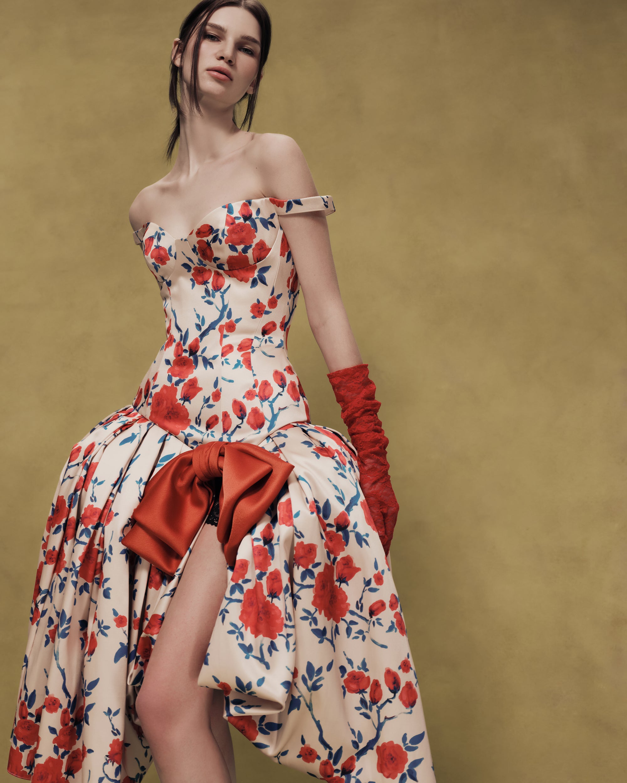 Floral Satin Midi Dress with Sculptural Bow