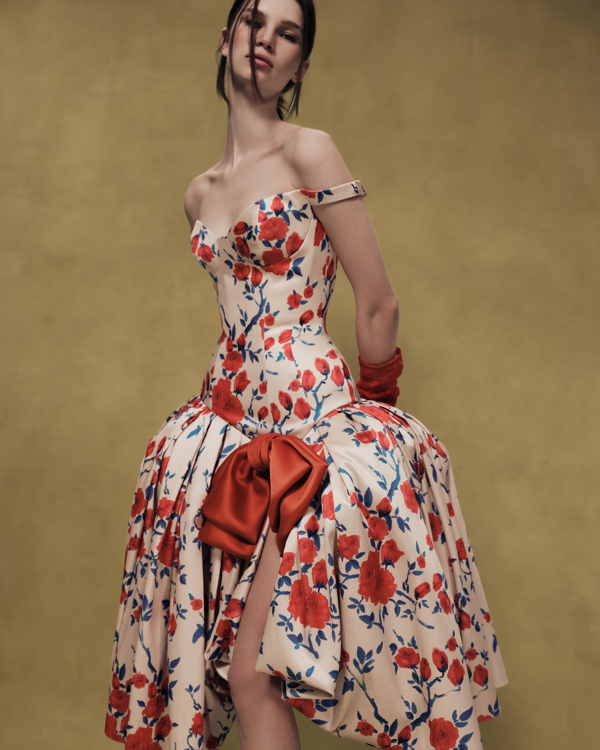 Floral Satin Midi Dress with Sculptural Bow