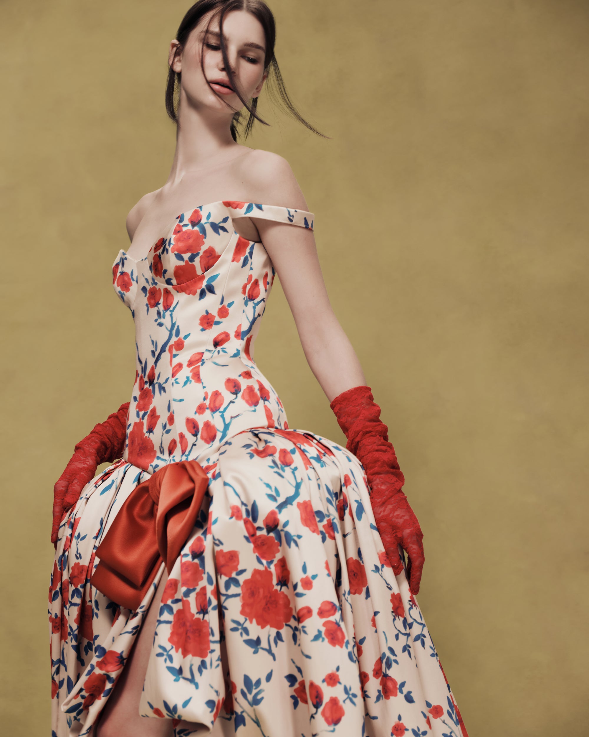 Floral Satin Midi Dress with Sculptural Bow