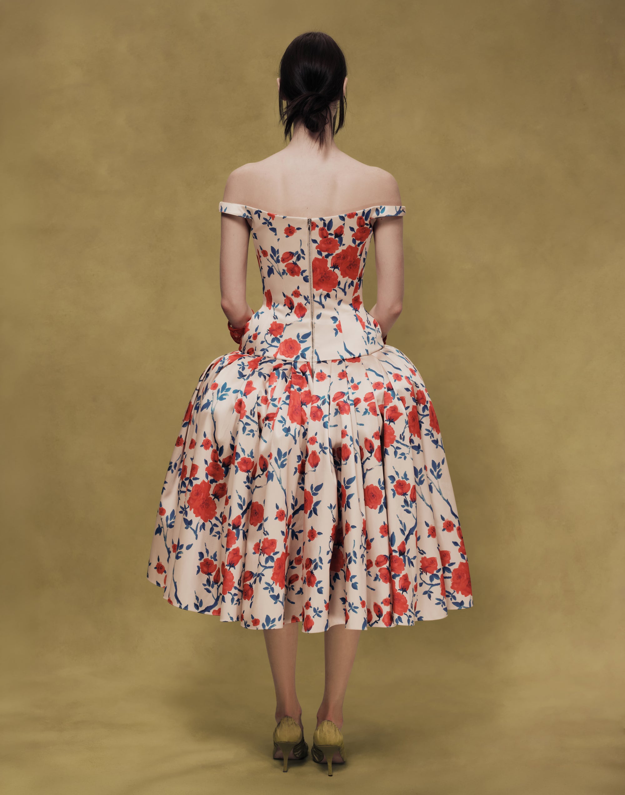 Floral Satin Midi Dress with Sculptural Bow