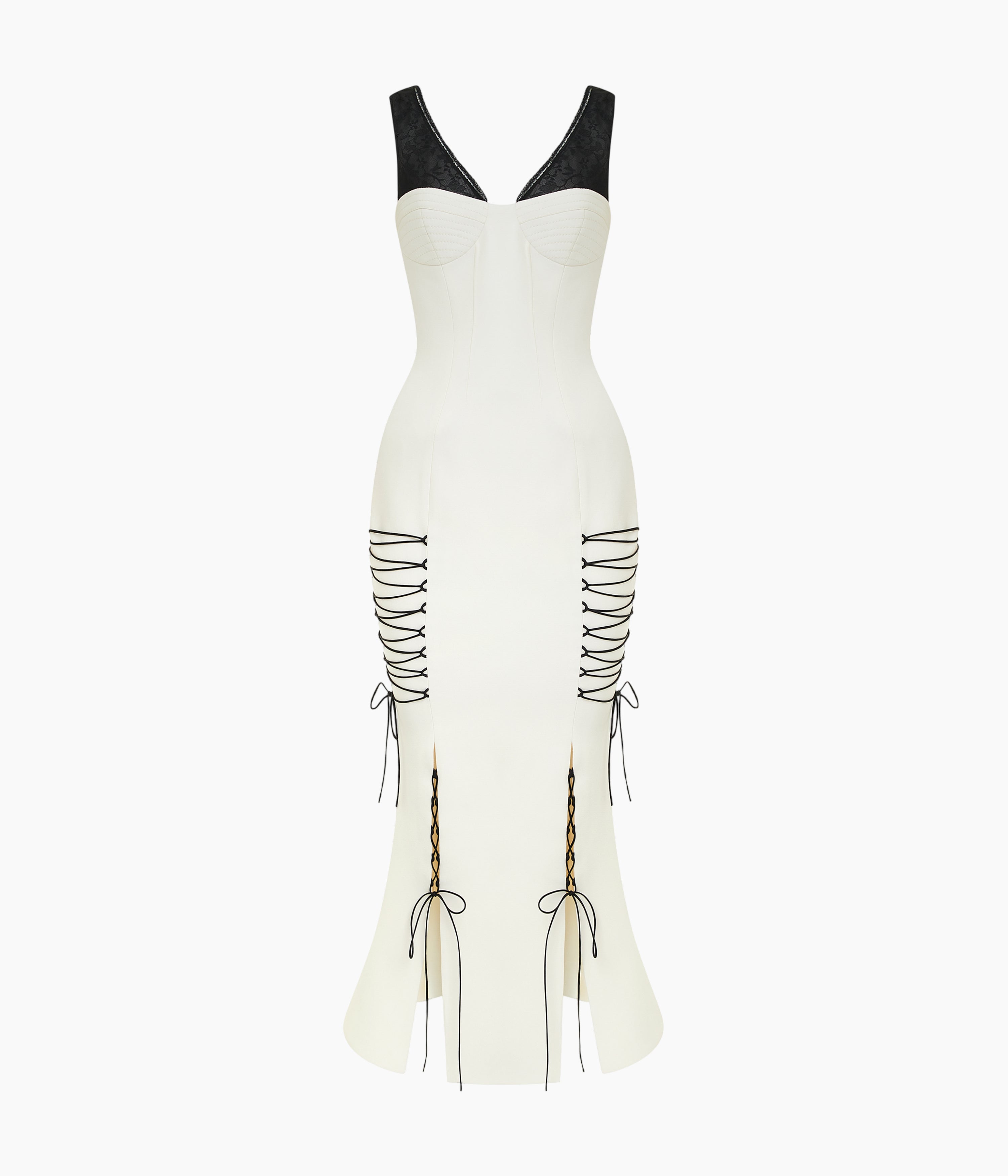 Crepe Midi Dress with a Corset Bodice and Lace-Up Detailing