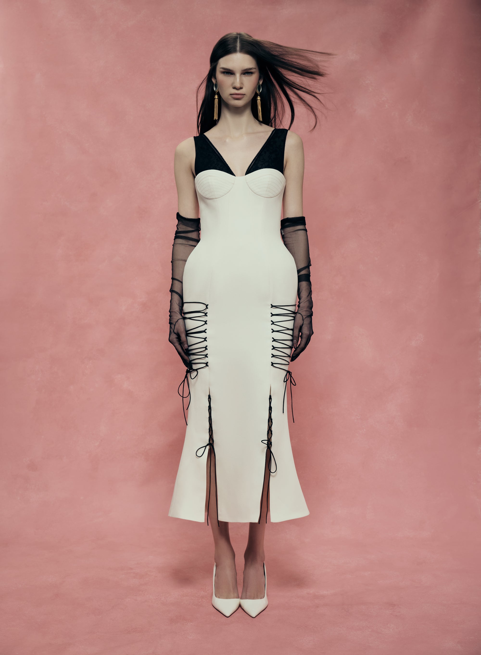 Crepe Midi Dress with a Corset Bodice and Lace-Up Detailing
