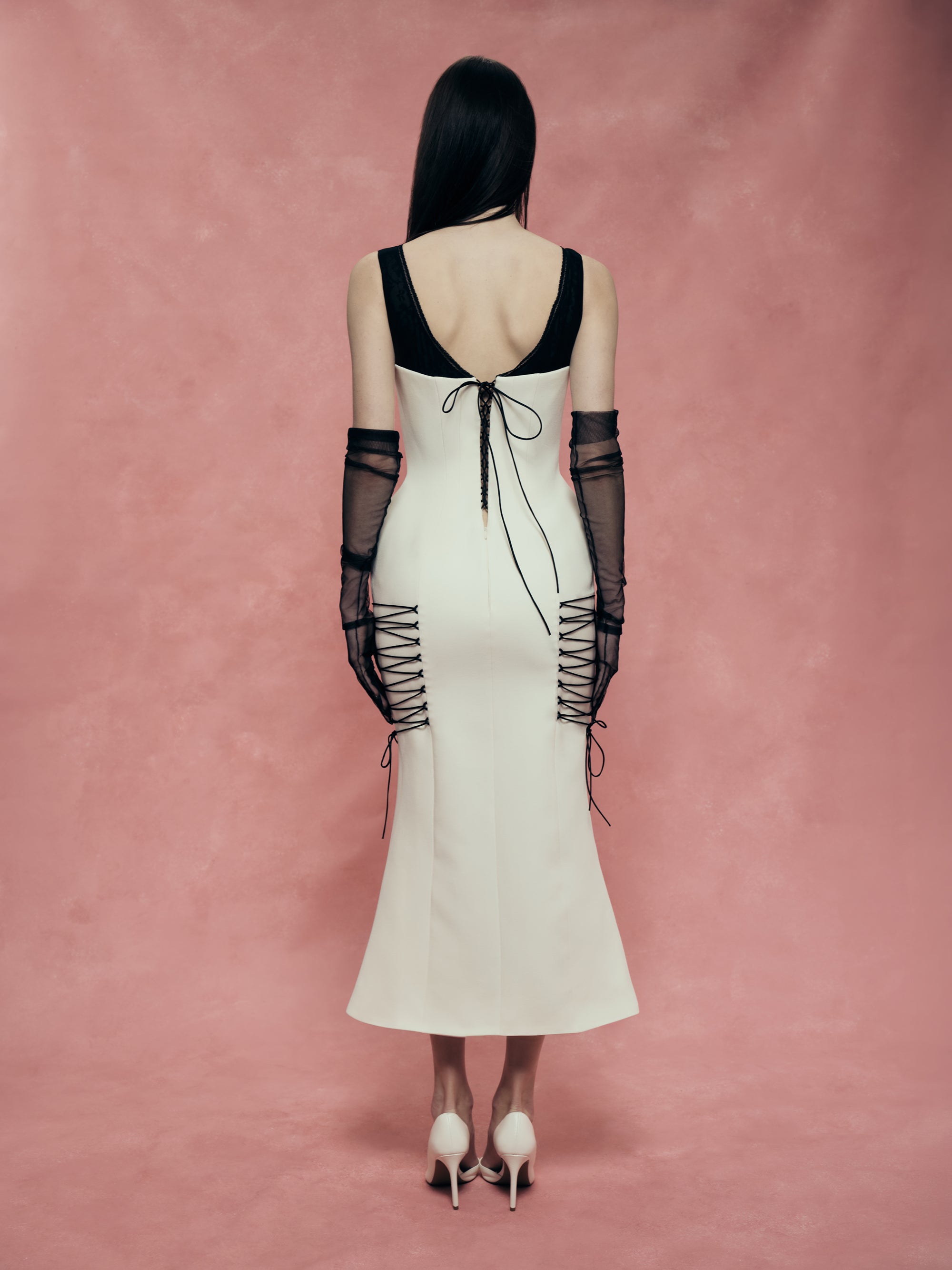 Crepe Midi Dress with a Corset Bodice and Lace-Up Detailing
