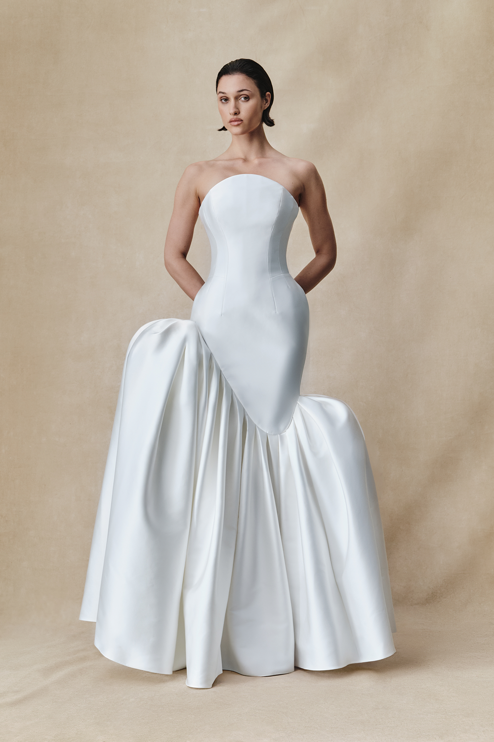Asymmetric structured satin corset maxi dress