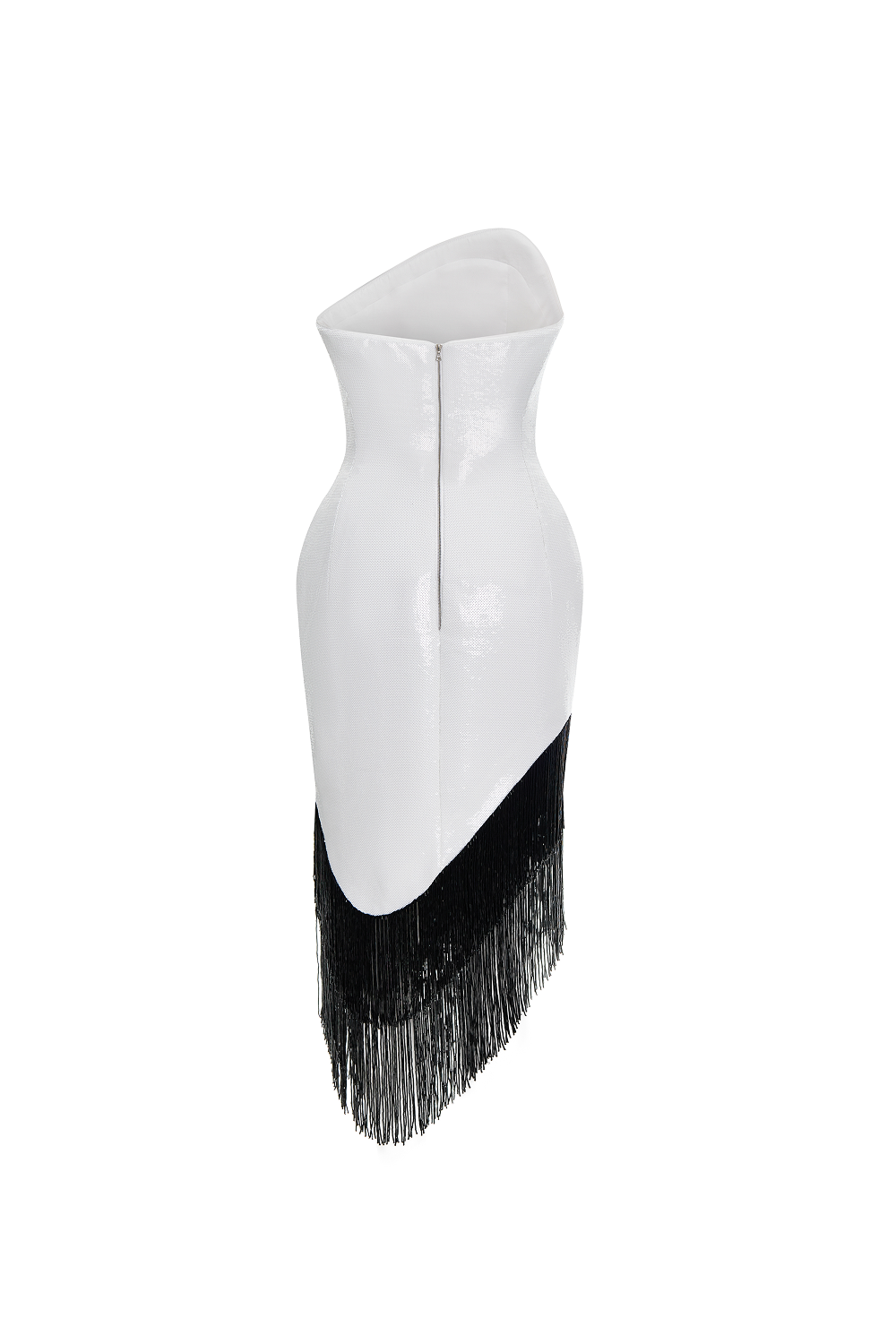 Sequin asymmetric midi dress with beaded fringe