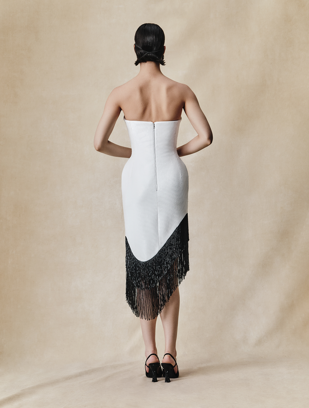 Sequin asymmetric midi dress with beaded fringe